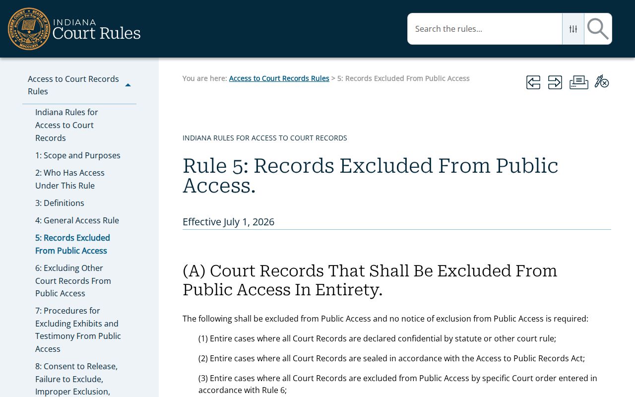 Indiana Access Rule 5 confidential court record categories