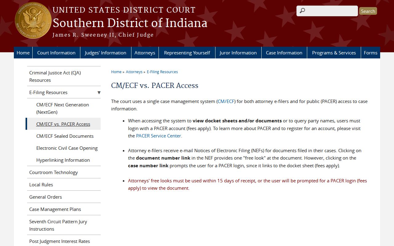 Southern District of Indiana PACER and CM ECF access page